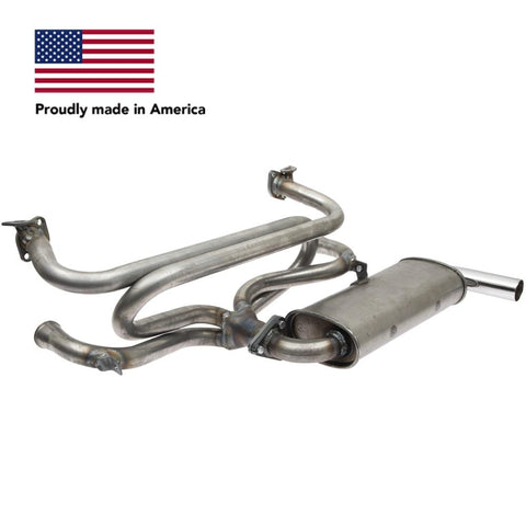 Tri Mil Exhaust, Single Quiet-Pak Exhaust System with Heat Risers, Raw Steel Finish with Chrome Tip, fits '68-'71 Bus & '56-'74 Ghia - AA Performance Products