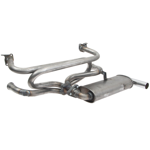 Tri Mil Exhaust, Single Quiet-Pak Exhaust System with Heat Risers, Raw Steel Finish with Chrome Tip, fits '55-'67 Bus