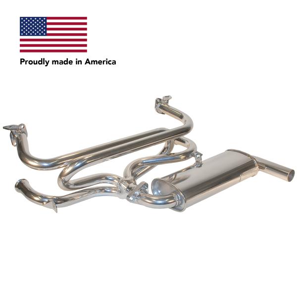 Tri Mil Exhaust, Single Quiet-Pak Exhaust System with Heat Risers, Polished Ceramic Coated, fits '68-'71 Bus & '56-'74 Ghia - AA Performance Products