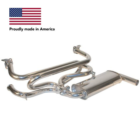 Tri Mil Exhaust, Single Quiet-Pak Exhaust System with Heat Risers, Polished Ceramic Coated, fits ’68-’71 Bus & ’56-’74 Ghia - AA Performance Products