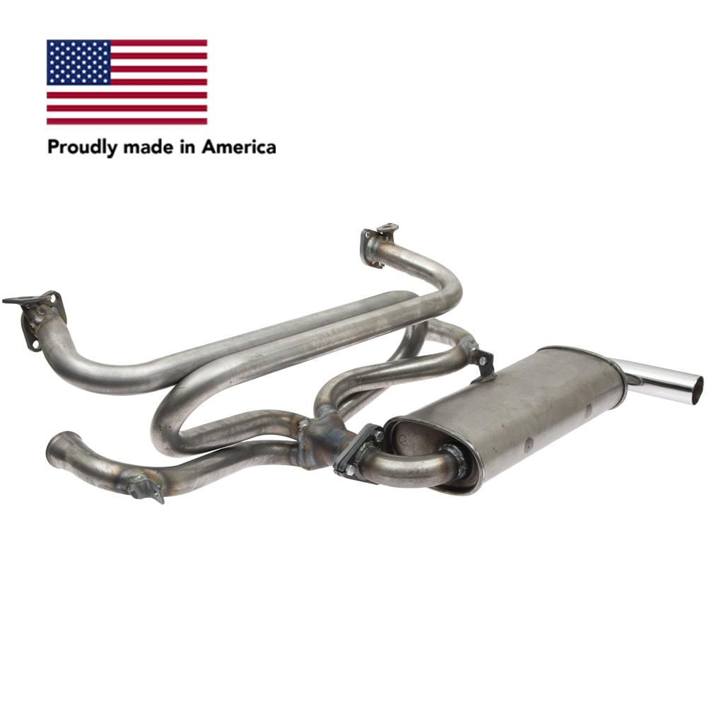 Tri Mil Exhaust, Single Quiet-Pak Exhaust System with Heat Risers, Raw Steel Finish with Chrome Tip, fits '68-'71 Bus & '56-'74 Ghia - AA Performance Products