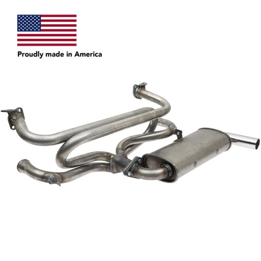 Tri Mil Exhaust, Single Quiet-Pak Exhaust System with Heat Risers, Raw Steel Finish with Chrome Tip, fits '68-'71 Bus & '56-'74 Ghia - AA Performance Products