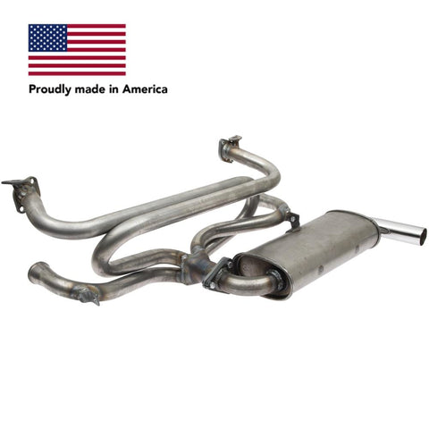 Tri Mil Exhaust, Single Quiet-Pak Exhaust System with Heat Risers, Raw Steel Finish with Chrome Tip, fits ’68-’71 Bus & ’56-’74 Ghia - AA Performance Products