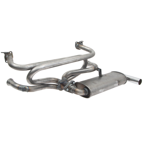 Tri Mil Exhaust, Single Quiet-Pak Exhaust System with Heat Risers, Raw Steel Finish with Chrome Tip, fits ’55-’67 Bus